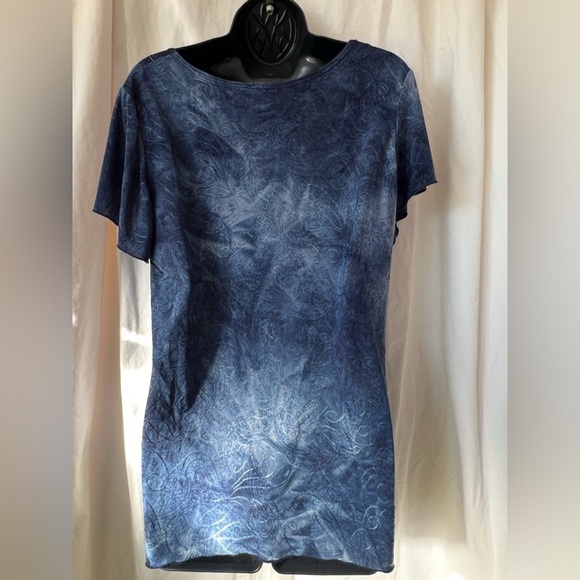 DB Women's Sz L Batik Blue Embellished Off Sides Short Sleeve Blouse - Picture 5 of 6